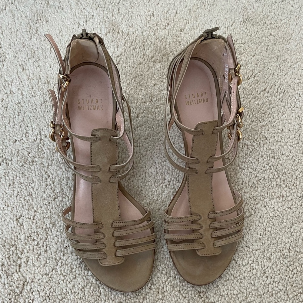 Stuart Weitzman Nuarache Nubuck Kitten-Heel Gladiator Sandal Tan Size 7